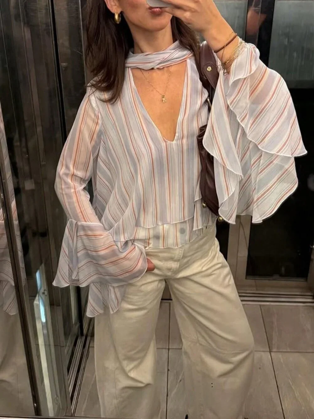 Women's Striped Chiffon Blouse V-Neck Ruffle Sleeve Necktie